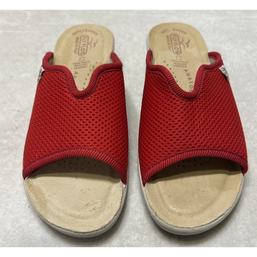 Fly Flot Italian Sandals Women’s Size 39 US 8 Red Fabric Open Toe Slides Wedge